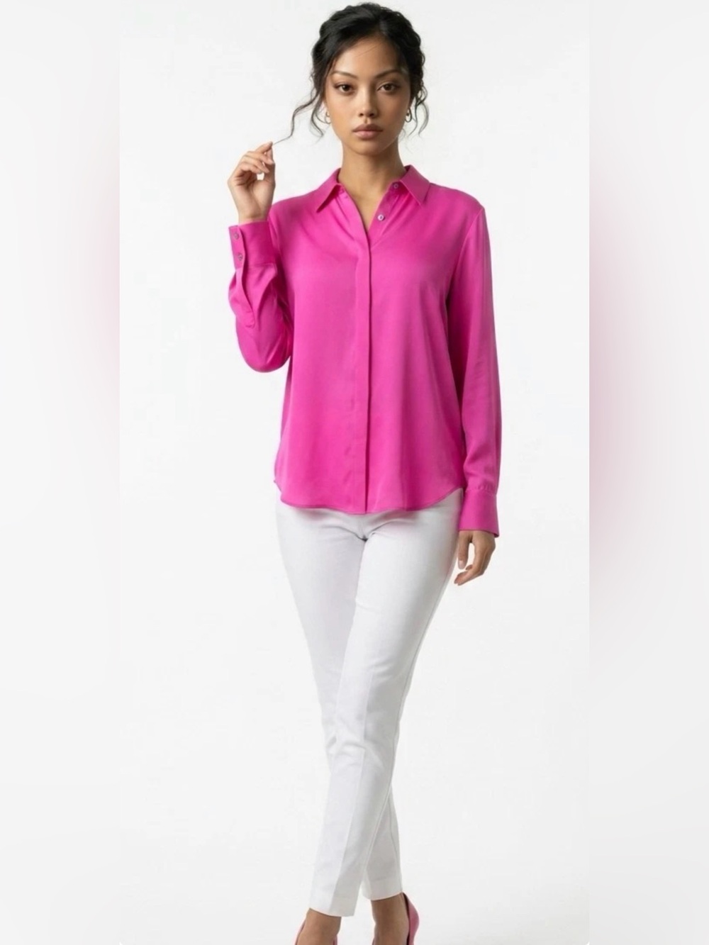 THEORY || Sunaya Fuchsia Pink Silk Button-Down Blouse. Sz. S